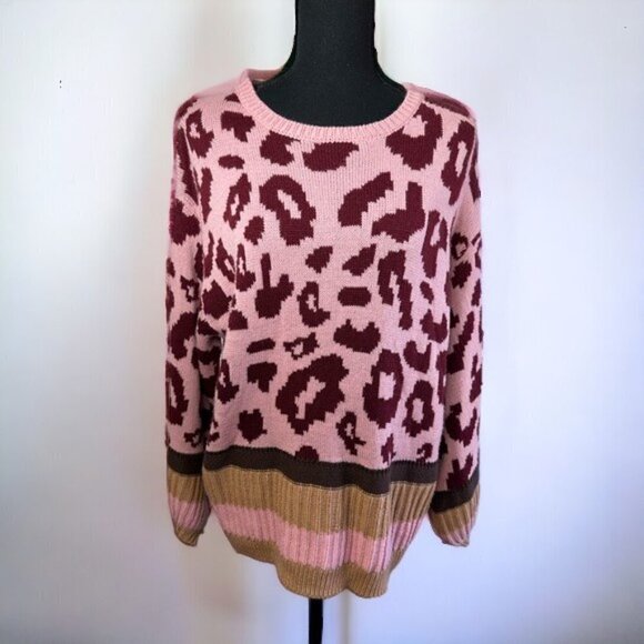 Promesa  Pink and Tan Leopard Print and Striped Women’s Sweater Size S/M - Picture 2 of 15